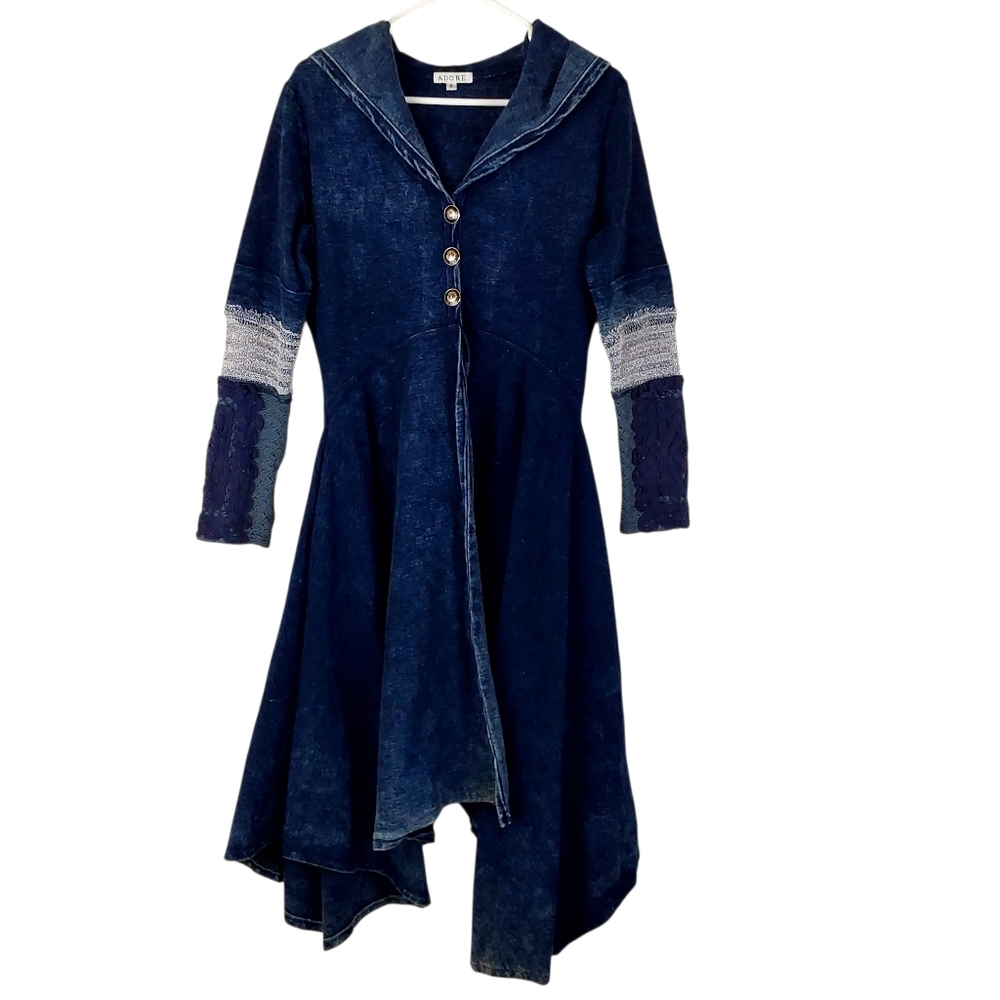 Adore Navy Blue Hooded Long Coat with Button Front